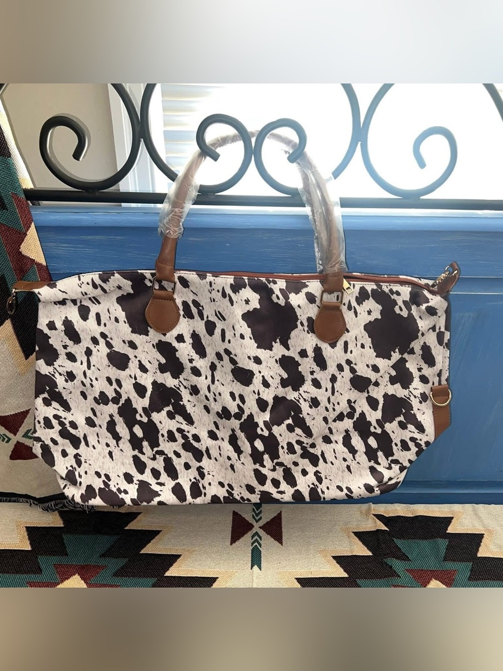Cow Print Canvas Tote with Brown Trim